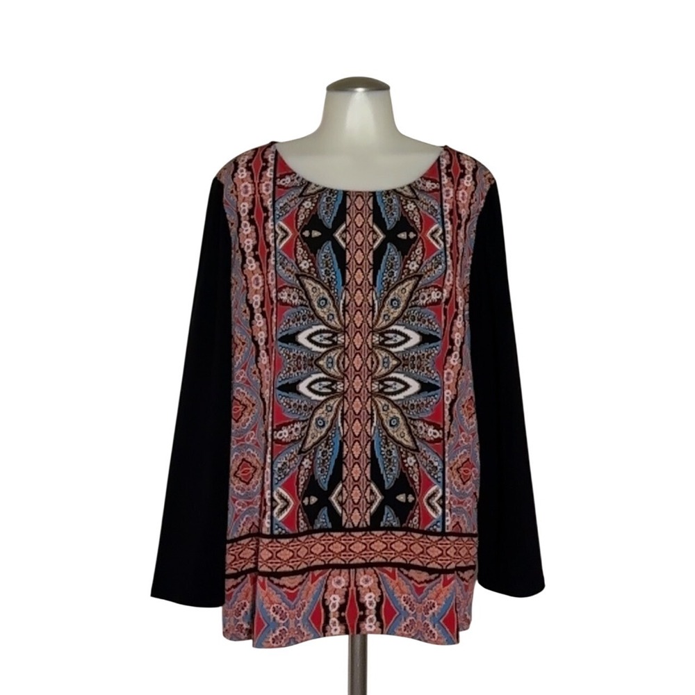 Rafaella Womens XL BK Long Sleeve Geometric Medallion Print Mixed Media Colorful